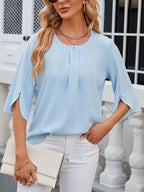 Women's Chiffon Blouse - 3/4 Sleeve Round Neck Flowy Solid