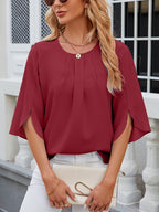 Women's Chiffon Blouse - 3/4 Sleeve Round Neck Flowy Solid