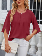 Women's Chiffon Blouse - 3/4 Sleeve Round Neck Flowy Solid