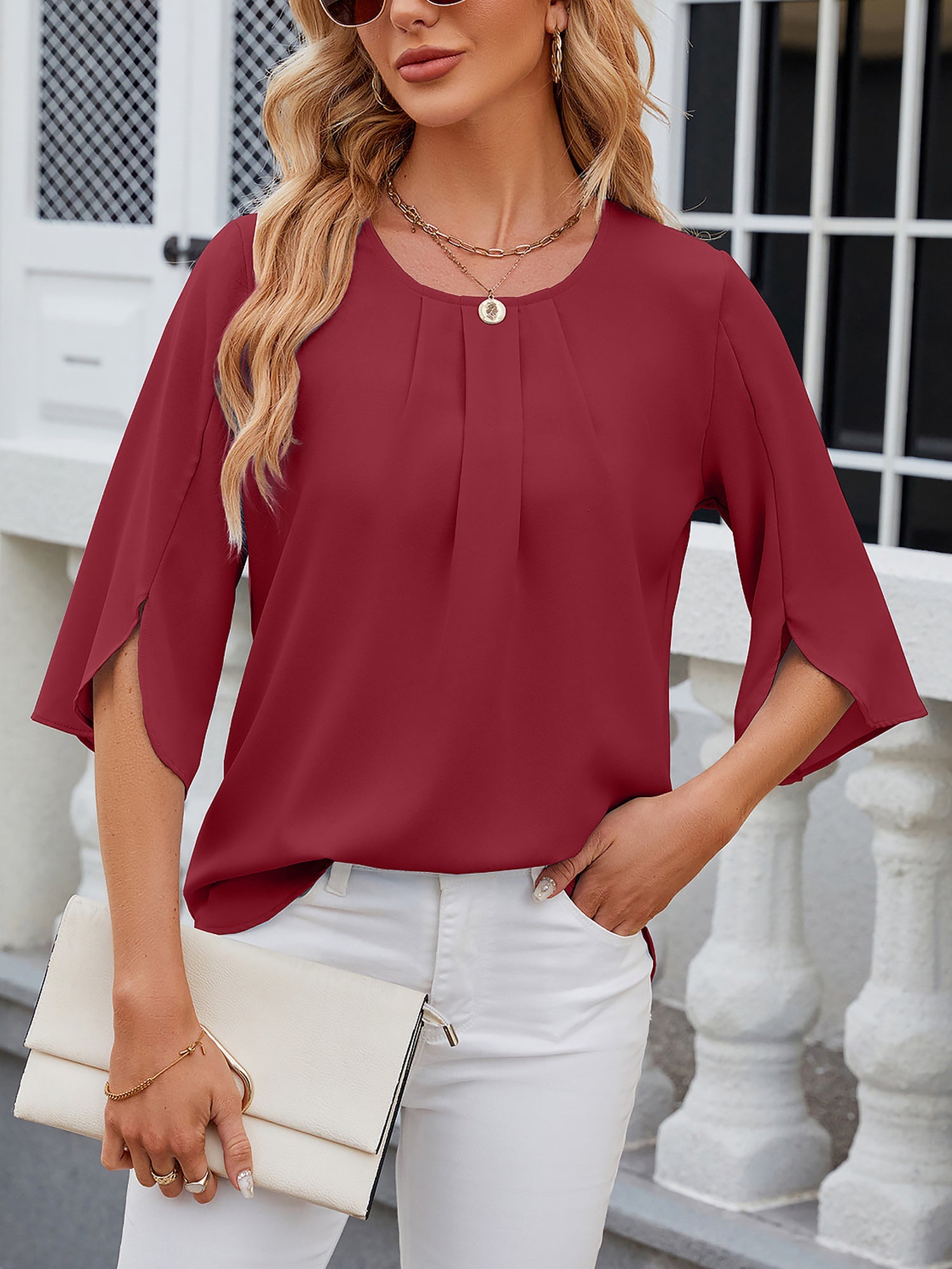 Women's Chiffon Blouse - 3/4 Sleeve Round Neck Flowy Solid