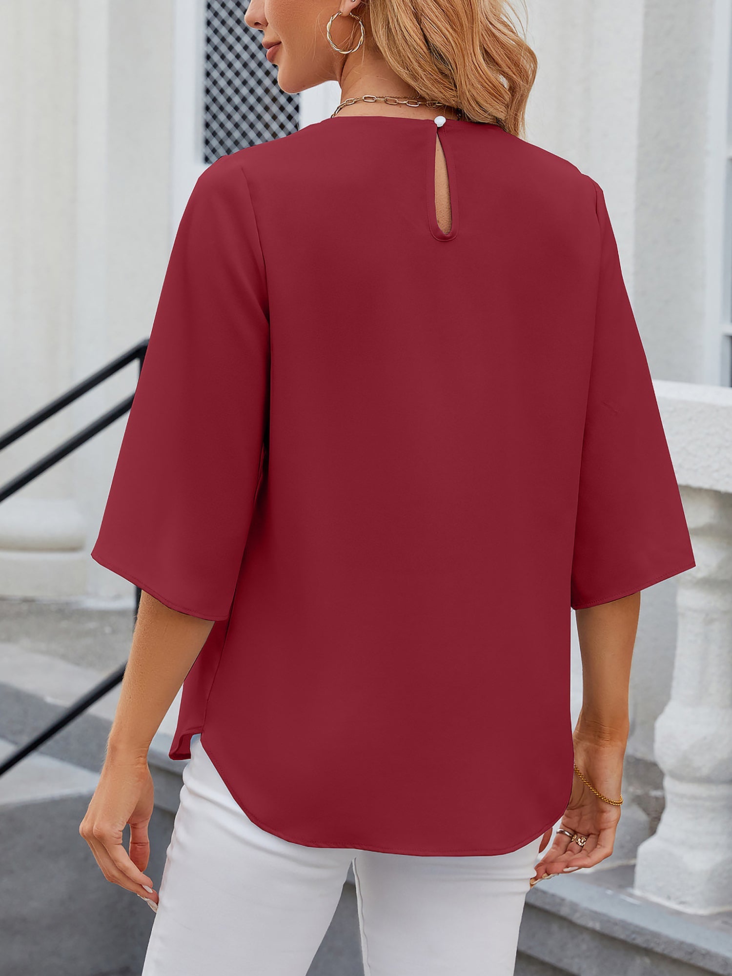 Women's Chiffon Blouse - 3/4 Sleeve Round Neck Flowy Solid