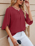 Women's Chiffon Blouse - 3/4 Sleeve Round Neck Flowy Solid