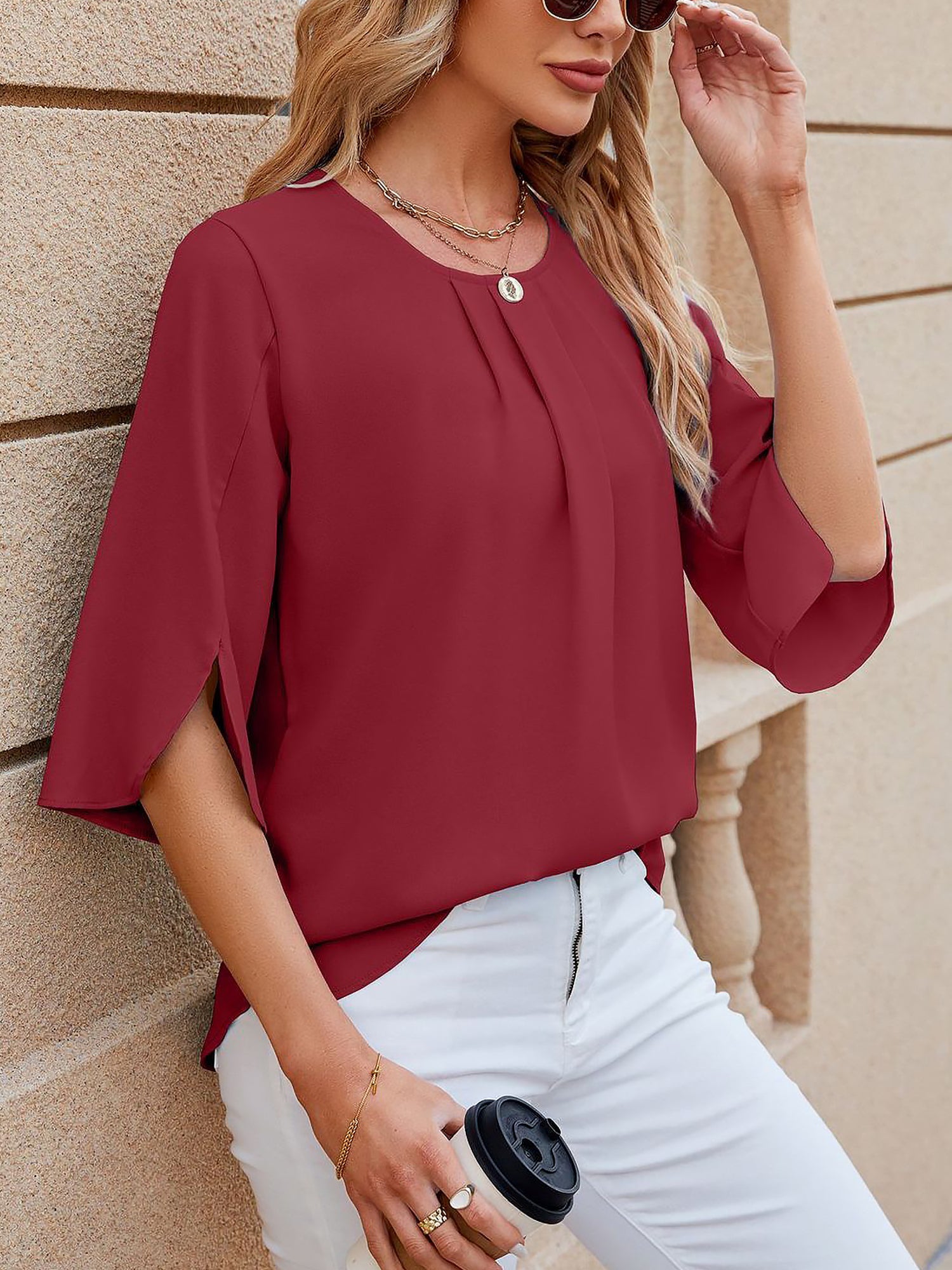 Women's Chiffon Blouse - 3/4 Sleeve Round Neck Flowy Solid