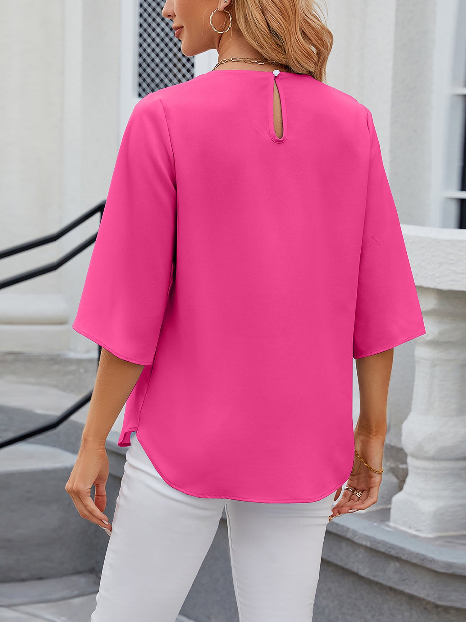 Women's Chiffon Blouse - 3/4 Sleeve Round Neck Flowy Solid