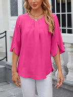 Women's Chiffon Blouse - 3/4 Sleeve Round Neck Flowy Solid