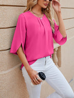 Women's Chiffon Blouse - 3/4 Sleeve Round Neck Flowy Solid