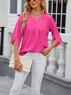Women's Chiffon Blouse - 3/4 Sleeve Round Neck Flowy Solid