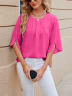Women's Chiffon Blouse - 3/4 Sleeve Round Neck Flowy Solid