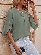 Women's Chiffon Blouse - 3/4 Sleeve Round Neck Flowy Solid