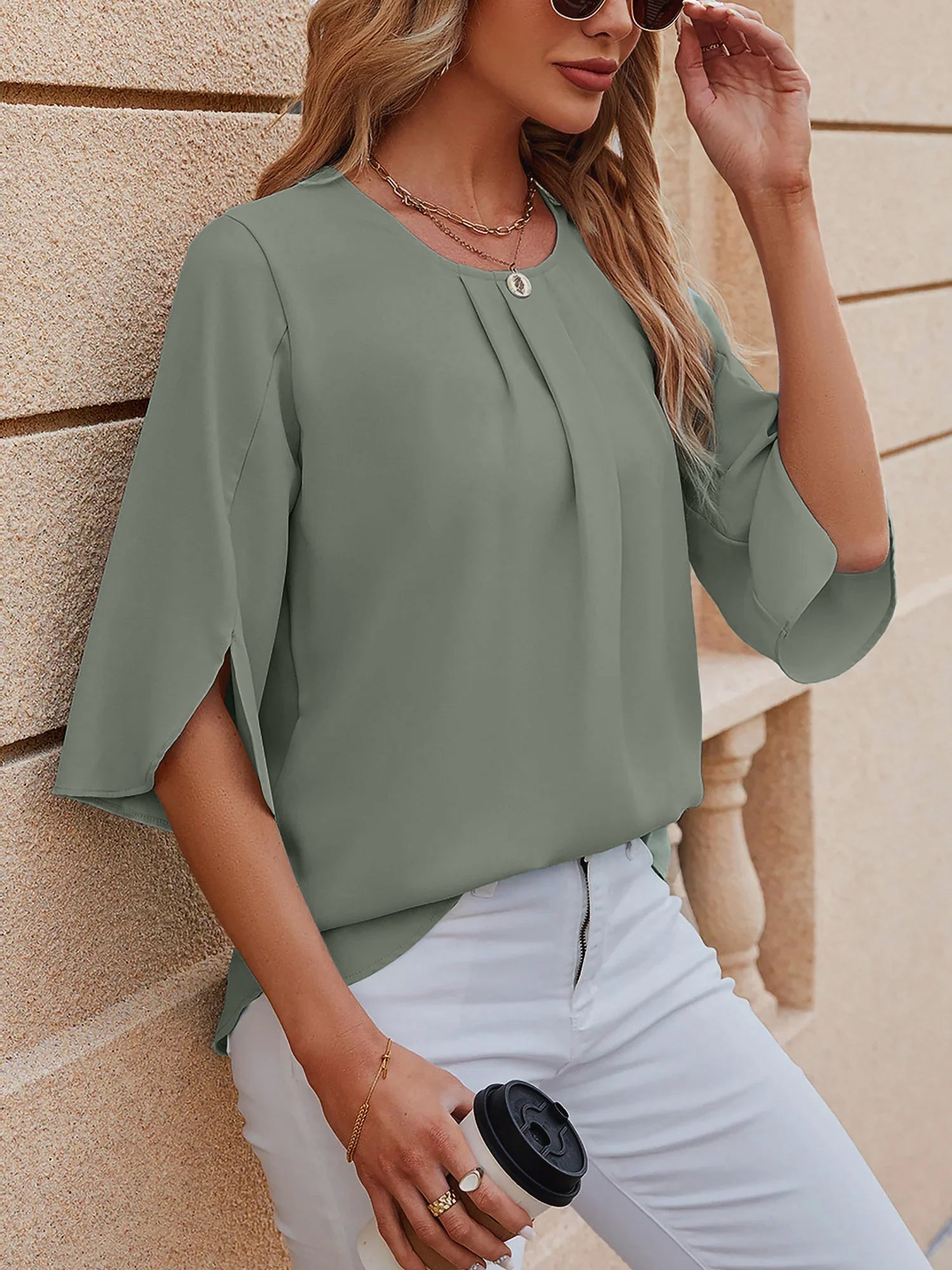 Women's Chiffon Blouse - 3/4 Sleeve Round Neck Flowy Solid