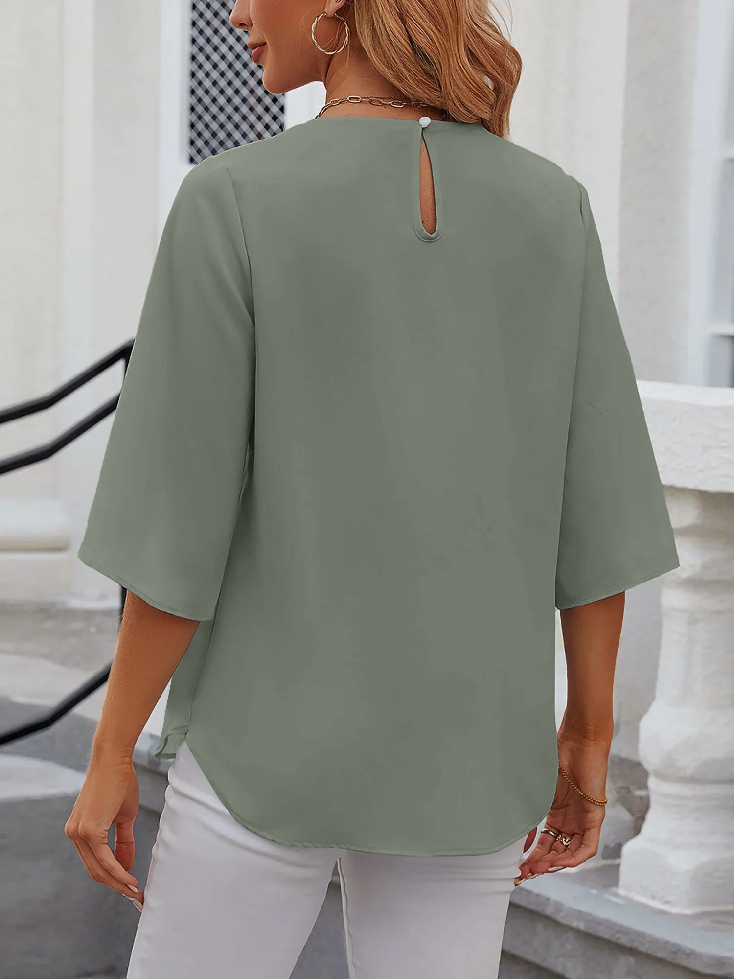 Women's Chiffon Blouse - 3/4 Sleeve Round Neck Flowy Solid