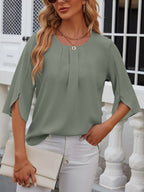Women's Chiffon Blouse - 3/4 Sleeve Round Neck Flowy Solid