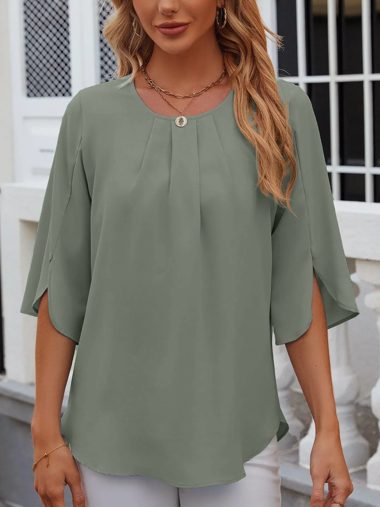 Women's Chiffon Blouse - 3/4 Sleeve Round Neck Flowy Solid