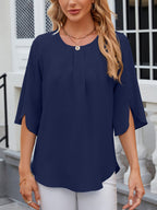 Women's Chiffon Blouse - 3/4 Sleeve Round Neck Flowy Solid