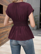 Women's V-Neck Ruched Peplum Blouse - Short Sleeve Tummy Control Fit