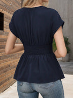 Women's V-Neck Ruched Peplum Blouse - Short Sleeve Tummy Control Fit