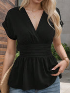 Women's V-Neck Ruched Peplum Blouse - Short Sleeve Tummy Control Fit