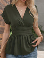 Women's V-Neck Ruched Peplum Blouse - Short Sleeve Tummy Control Fit