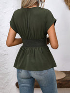 Women's V-Neck Ruched Peplum Blouse - Short Sleeve Tummy Control Fit