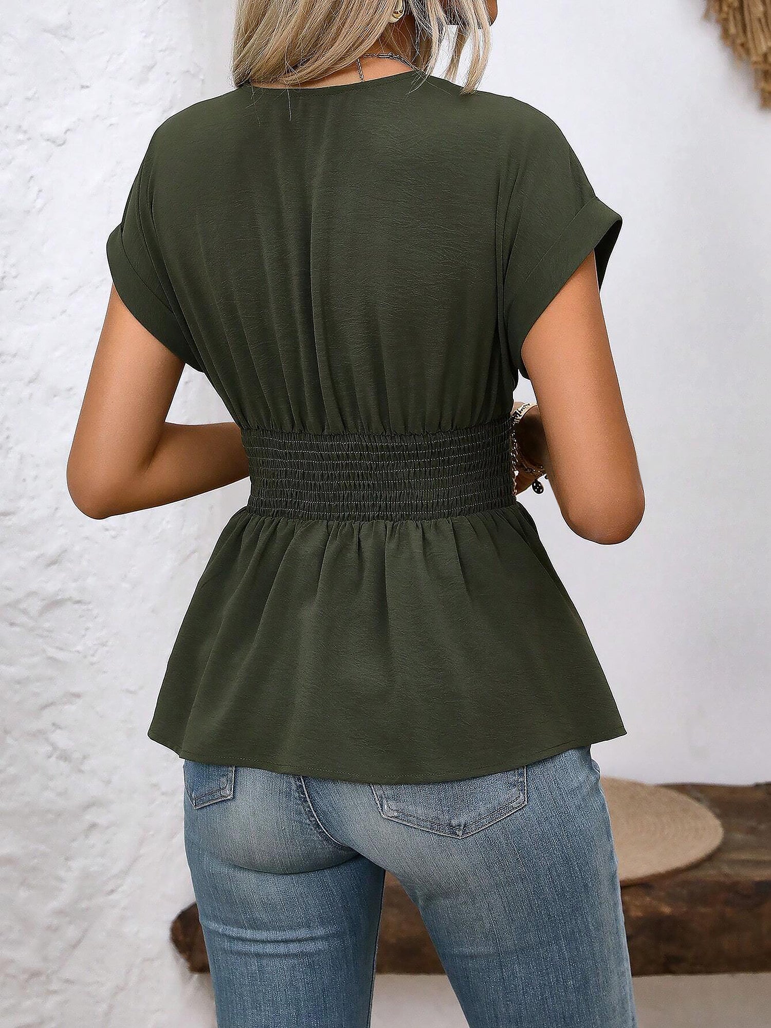 Women's V-Neck Ruched Peplum Blouse - Short Sleeve Tummy Control Fit