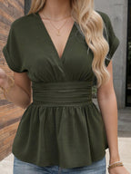Women's V-Neck Ruched Peplum Blouse - Short Sleeve Tummy Control Fit