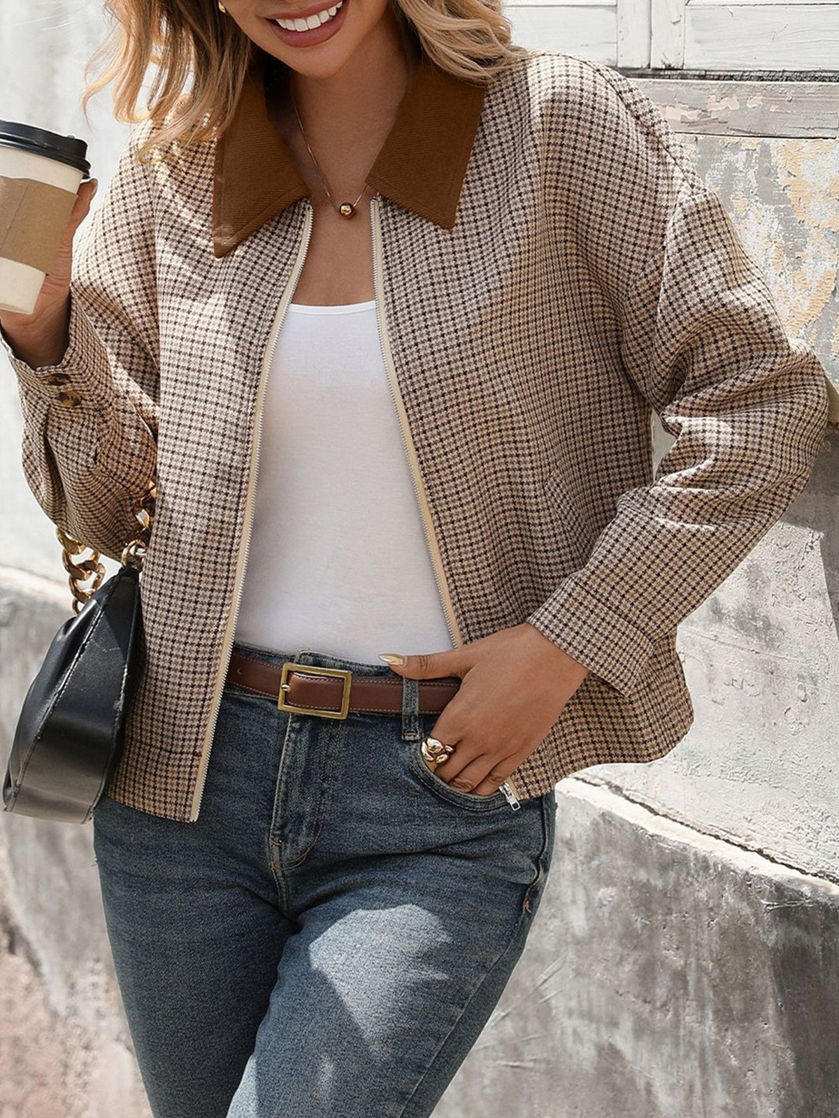 Women's Chic Houndstooth Jacket – Patchwork