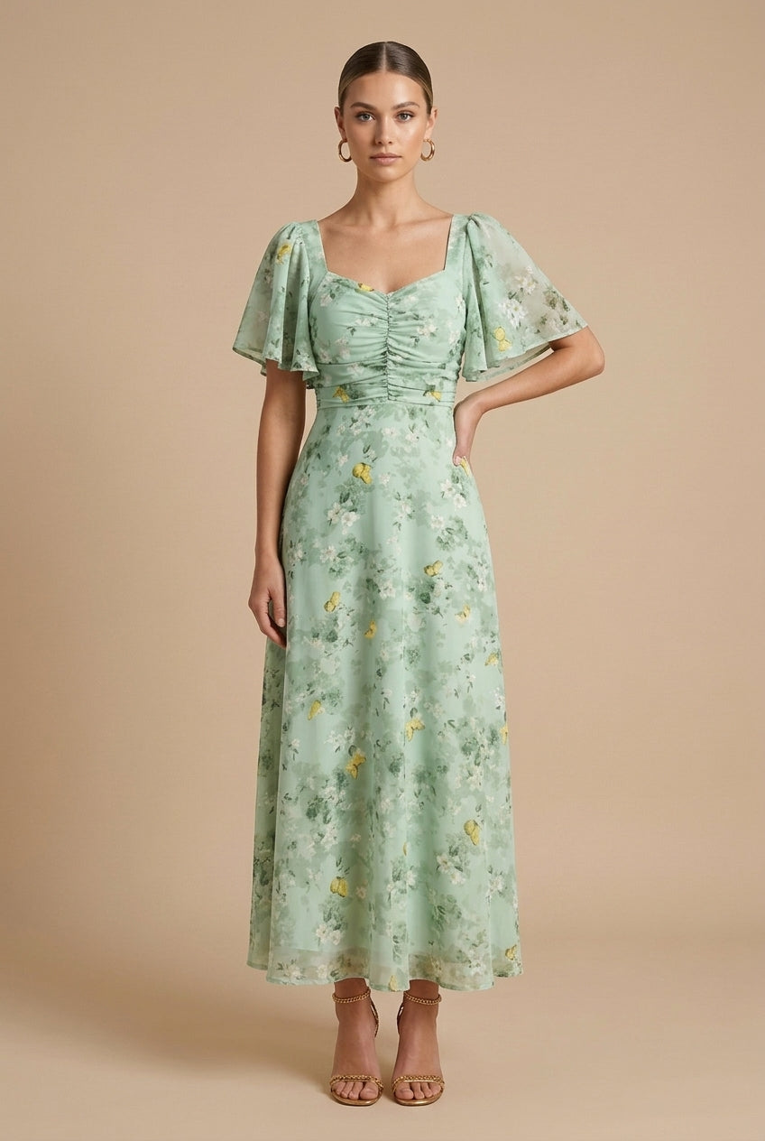 Women's Floral Maxi Dress with Square Neckline & Puff Sleeves
