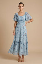 Women's Floral Maxi Dress - Square Neck Flutter Sleeve Ruched