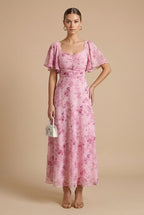 Women's Floral Maxi Dress - Square Neck Flutter Sleeve Ruched