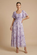 Women's Floral Maxi Dress with Square Neckline & Puff Sleeves