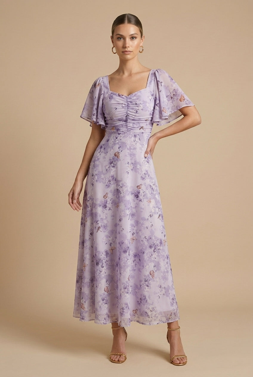 Women's Floral Maxi Dress with Square Neckline & Puff Sleeves
