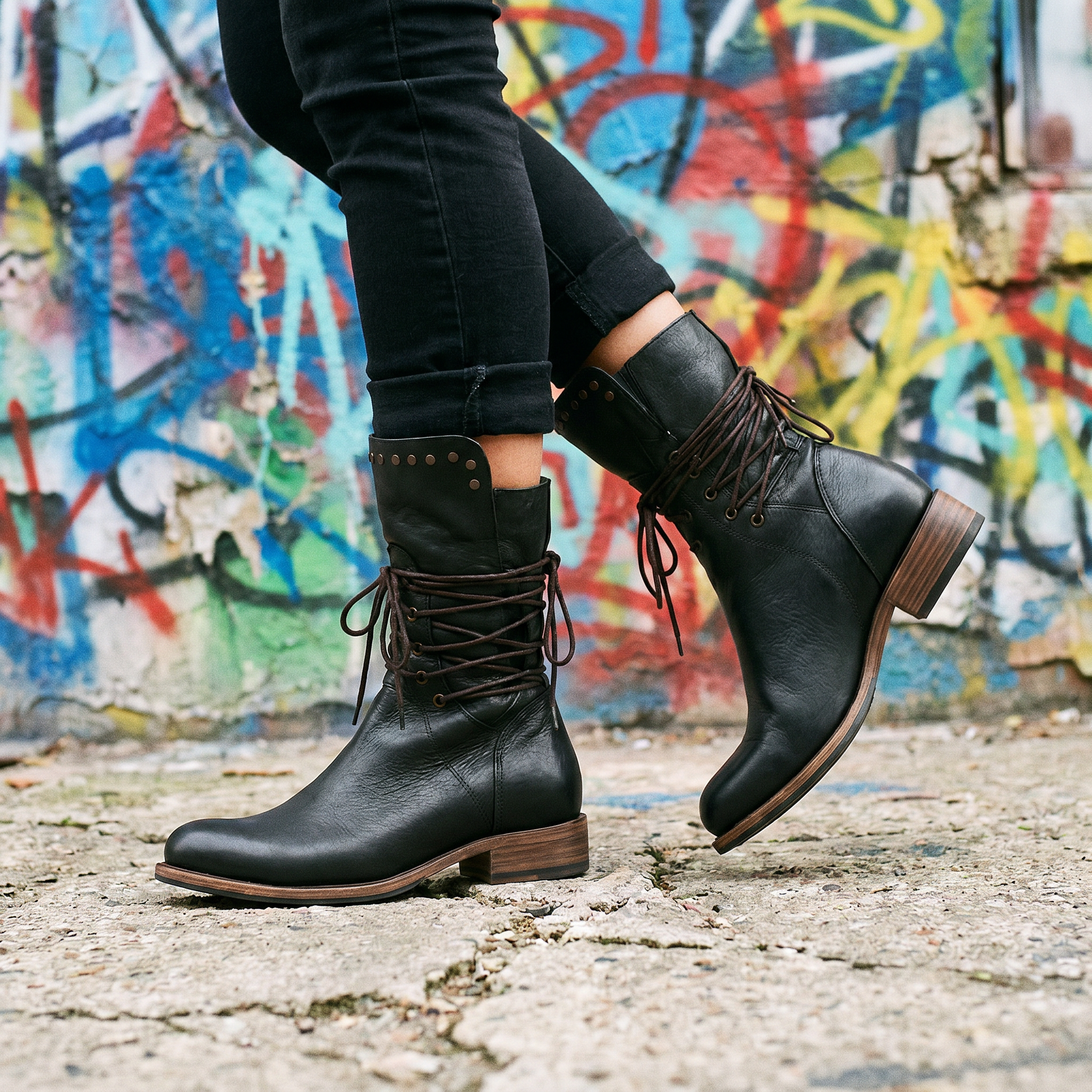 Women's Studded Mid-Calf Boots – Lace-Up