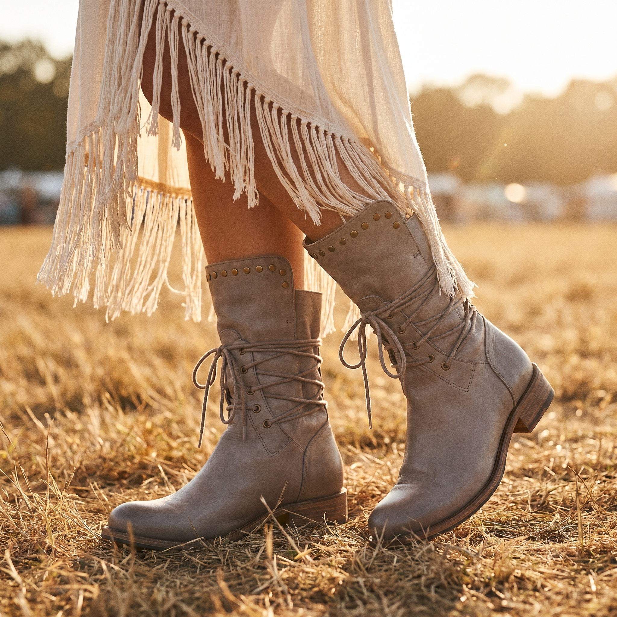 Women's Studded Mid-Calf Boots – Lace-Up