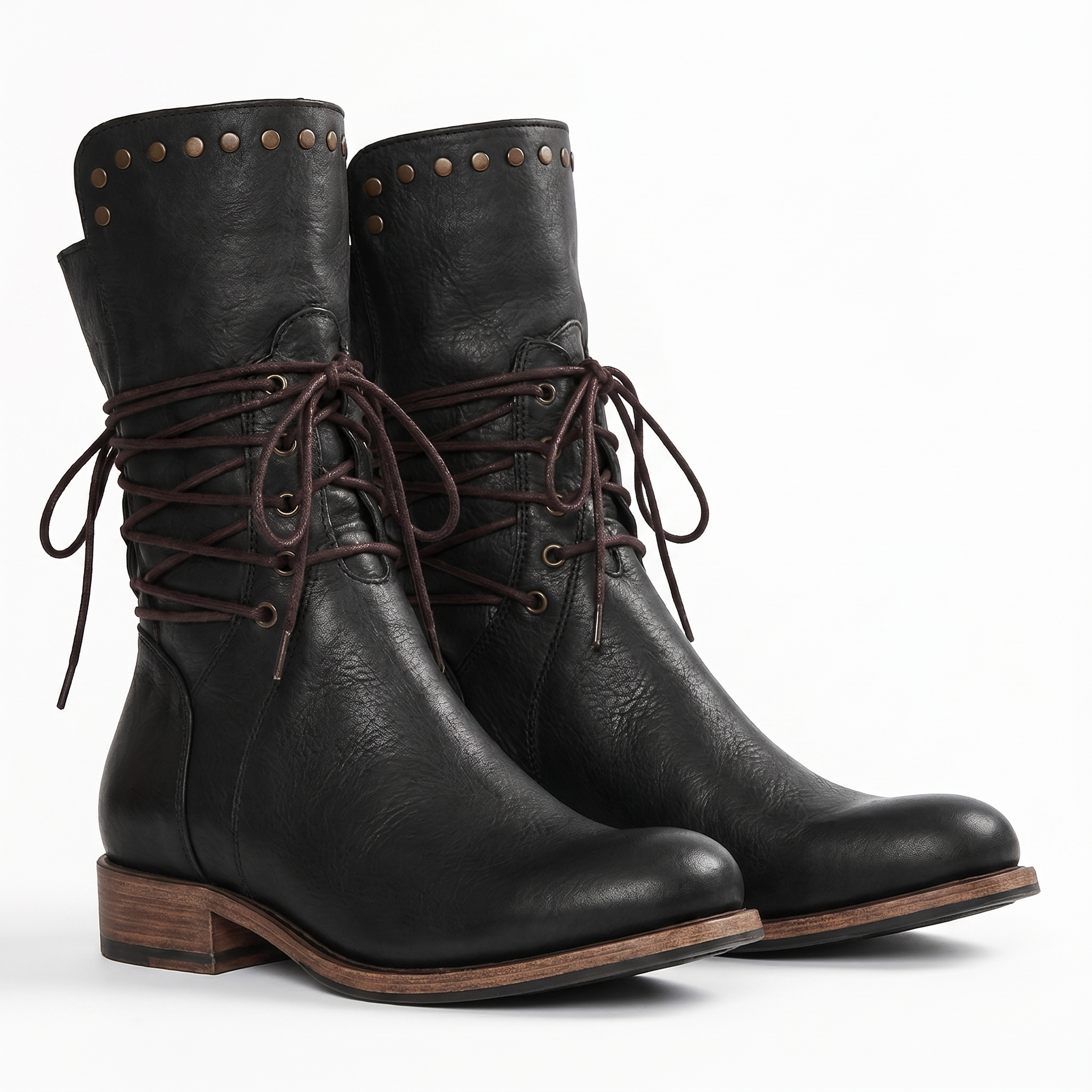 Women's Studded Mid-Calf Boots – Lace-Up